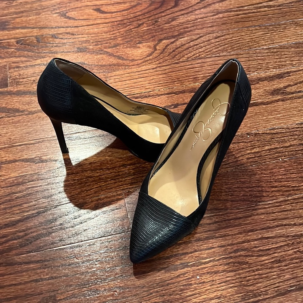 Black half suede and half leather heels